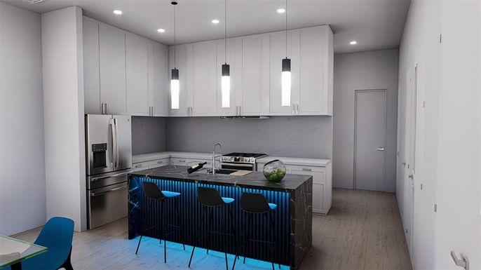Interior, Kitchen, Pendant Lights, Recessed Lighting, Stainless Steel Appliances, Wood Texture Flooring