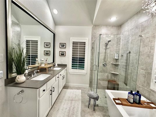 Bathroom, Dual Sink Vanities, Glass Shower, Interior, Recessed Lighting