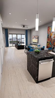 Dining room, Interior, Kitchen, Living room, Pendant Lights, Recessed Lighting, Wood Texture Flooring