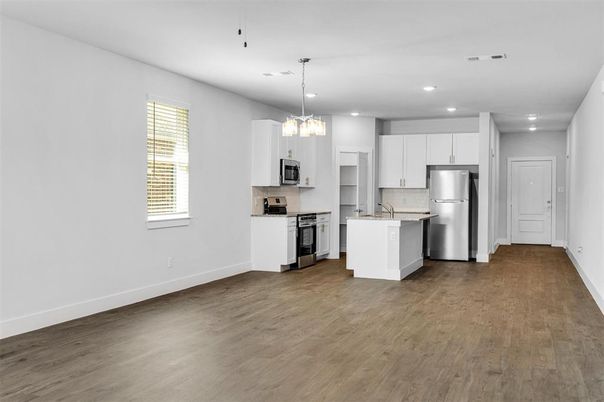Interior, Kitchen, Pendant Lights, Recessed Lighting, Stainless Steel Appliances, Wood Texture Flooring