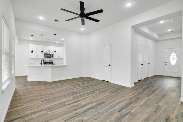 Interior, Kitchen, Pendant Lights, Recessed Lighting, Wood Texture Flooring