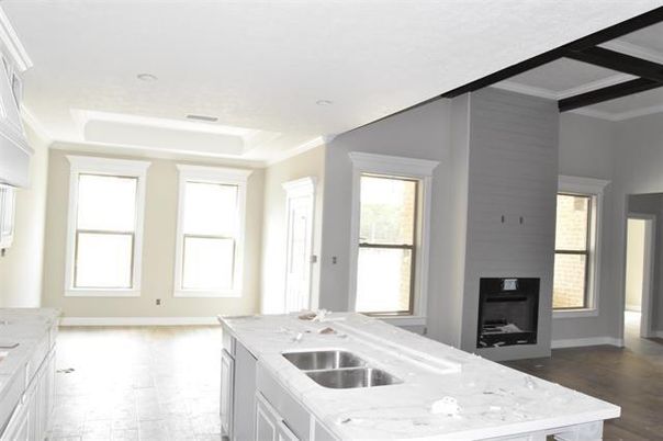 Fireplace, Interior, Kitchen, Recessed Lighting, Wood Texture Flooring