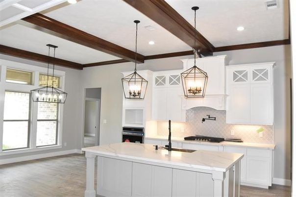 Chandelier, Interior, Kitchen, Pendant Lights, Recessed Lighting, Stainless Steel Appliances, Wooden Beams, Wood Texture Flooring