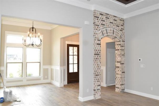 Chandelier, Empty room, Interior, Stone Walls, Wood Texture Flooring