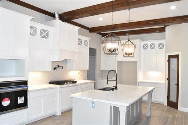 Interior, Kitchen, Pendant Lights, Recessed Lighting, Stainless Steel Appliances, Wooden Beams, Wood Texture Flooring