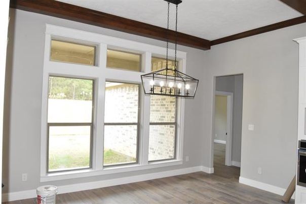 Chandelier, Empty room, Interior, Pendant Lights, Wooden Beams, Wood Texture Flooring