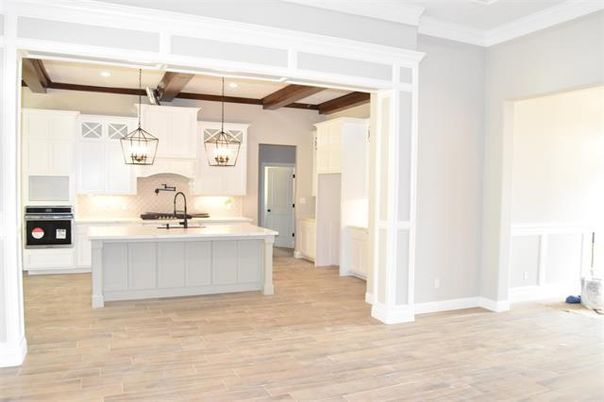 Interior, Kitchen, Pendant Lights, Recessed Lighting, Stainless Steel Appliances, Wooden Beams, Wood Texture Flooring