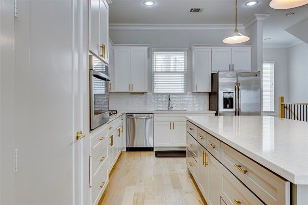 Interior, Kitchen, Pendant Lights, Recessed Lighting, Stainless Steel Appliances, Wood Texture Flooring