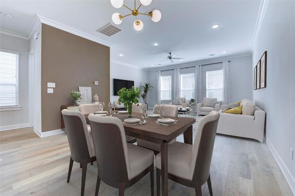 Dining room, Interior, Living room, Pendant Lights, Recessed Lighting, Wood Texture Flooring
