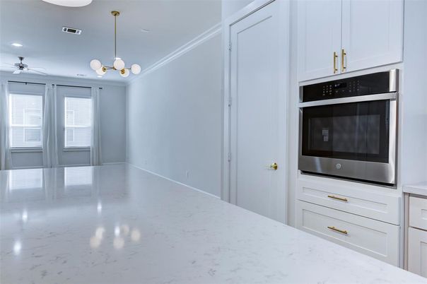 Empty room, Interior, Kitchen, Pendant Lights, Recessed Lighting, Stainless Steel Appliances