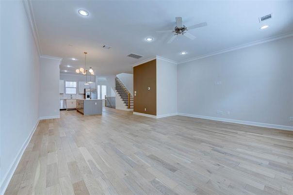 Empty room, Interior, Kitchen, Pendant Lights, Recessed Lighting, Wood Texture Flooring