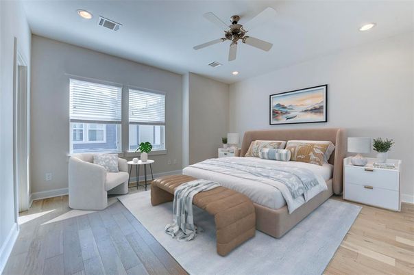 Bedroom, Interior, Recessed Lighting, Wood Texture Flooring
