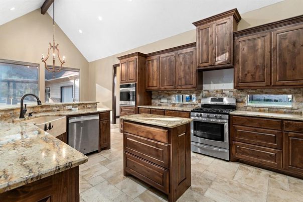 Chandelier, Interior, Kitchen, Pendant Lights, Recessed Lighting, Stainless Steel Appliances
