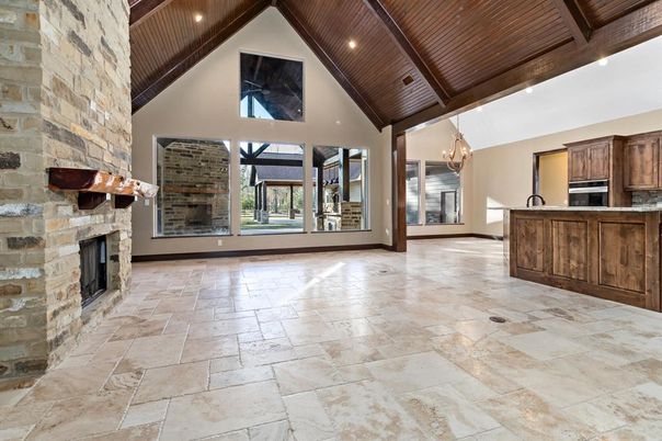 Fireplace, Interior, Kitchen, Pendant Lights, Recessed Lighting, Stone Walls, Wooden Beams, Wooden Ceilings