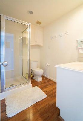 Bathroom, Glass Shower, Interior, Wood Texture Flooring