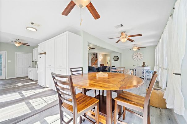 Dining room, Interior, Recessed Lighting, Wood Texture Flooring