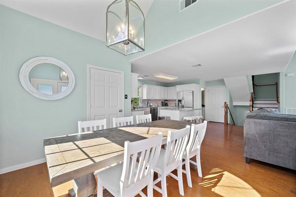 Dining room, Interior, Kitchen, Pendant Lights, Wood Texture Flooring