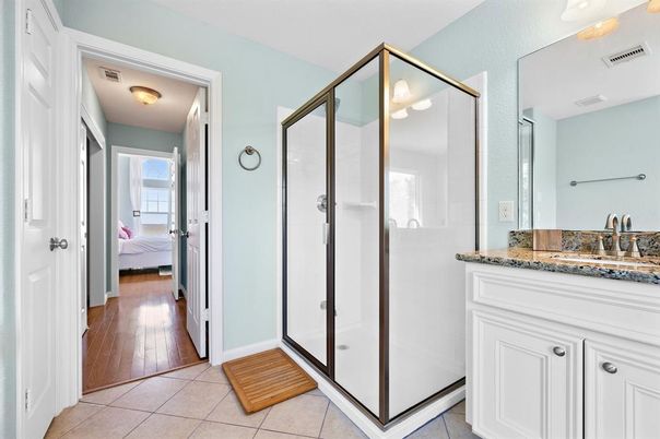 Bathroom, Bedroom, Glass Shower, Interior, Wood Texture Flooring