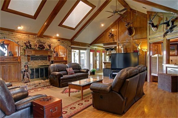 Fireplace, Interior, Living room, Recessed Lighting, Stone Walls, Wooden Beams, Wood Texture Flooring