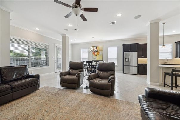 Chandelier, Dining room, Interior, Kitchen, Living room, Pendant Lights, Recessed Lighting, Stainless Steel Appliances
