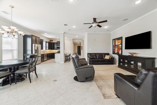 Chandelier, Dining room, Interior, Kitchen, Living room, Recessed Lighting, Stainless Steel Appliances