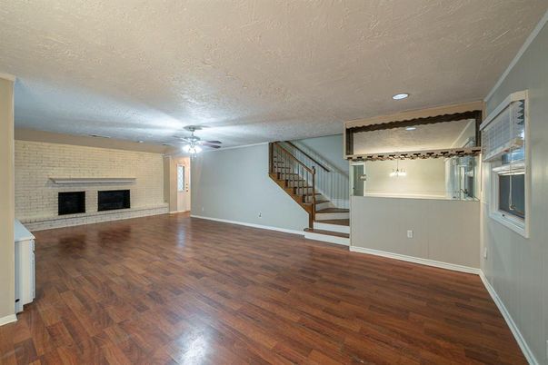 Empty room, Fireplace, Interior, Stone Walls, Wood Texture Flooring