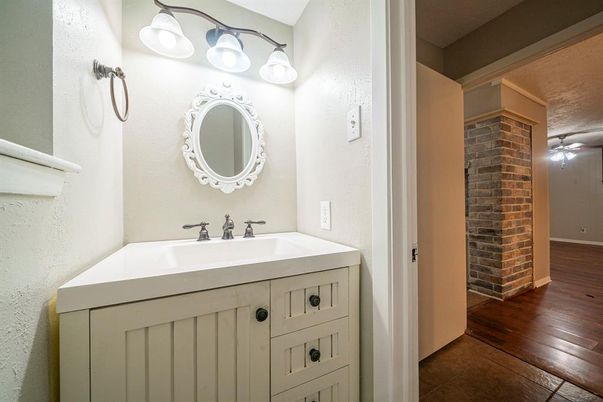 Bathroom, Interior, Stone Walls, Wood Texture Flooring