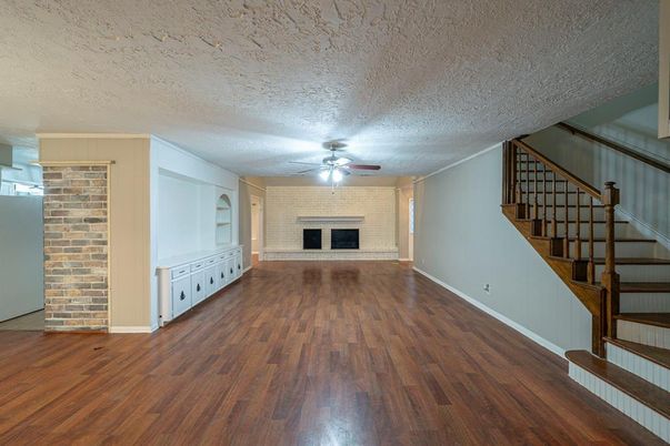 Empty room, Fireplace, Interior, Stone Walls, Wood Texture Flooring