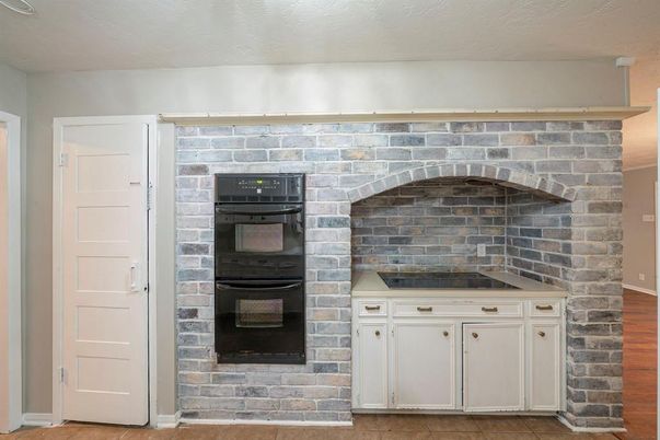 Fireplace, Interior, Kitchen, Stone Walls, Wood Texture Flooring