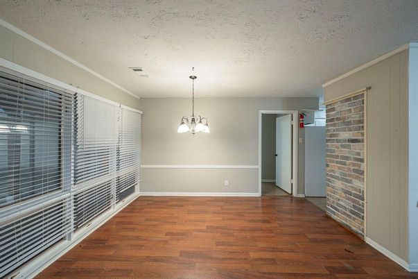 Empty room, Interior, Pendant Lights, Stone Walls, Wood Texture Flooring