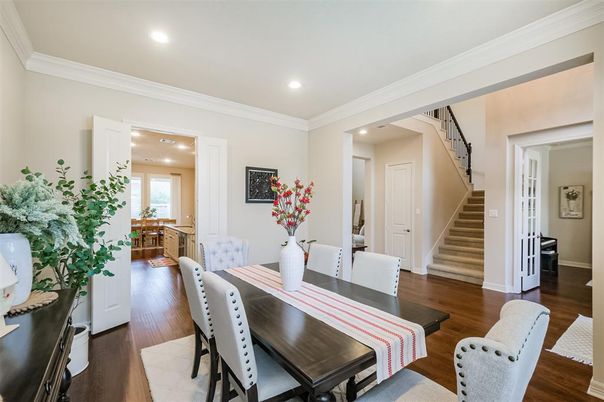Dining room, Interior, Recessed Lighting, Wood Texture Flooring
