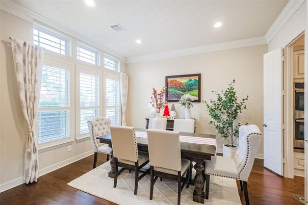 Dining room, Interior, Recessed Lighting, Wood Texture Flooring