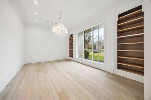 Chandelier, Empty room, Interior, Recessed Lighting, Wood Texture Flooring