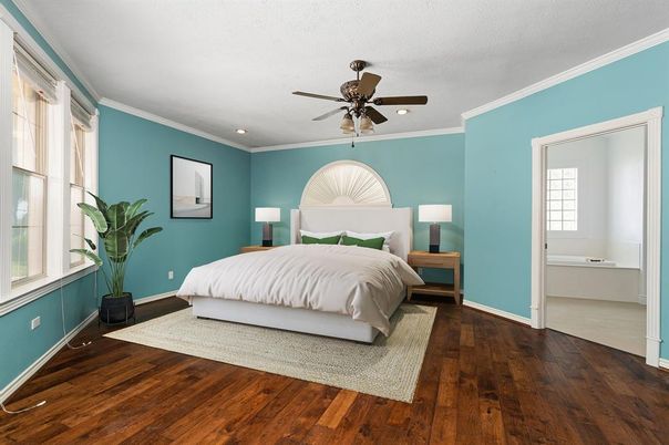 Bedroom, Interior, Recessed Lighting, Wood Texture Flooring