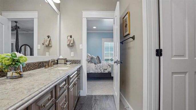 Bathroom, Bedroom, Dual Sink Vanities, Interior, Recessed Lighting, Wood Texture Flooring