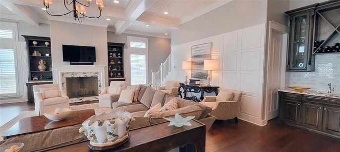 Chandelier, Fireplace, Interior, Living room, Recessed Lighting, Wood Texture Flooring