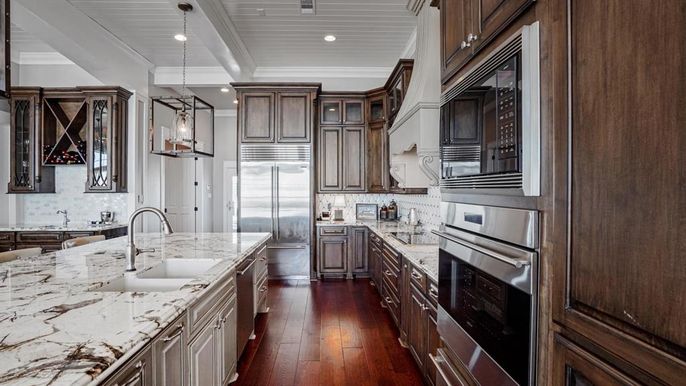 Interior, Kitchen, Pendant Lights, Recessed Lighting, Stainless Steel Appliances, Wood Texture Flooring
