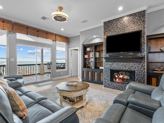 Fireplace, Interior, Living room, Recessed Lighting, Water, Wood Texture Flooring
