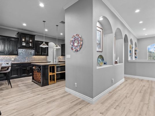 Interior, Kitchen, Pendant Lights, Recessed Lighting, Wood Texture Flooring