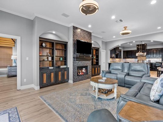 Fireplace, Interior, Kitchen, Living room, Pendant Lights, Recessed Lighting, Wood Texture Flooring