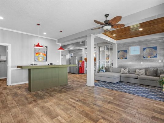 Interior, Kitchen, Living room, Pendant Lights, Recessed Lighting, Wood Texture Flooring
