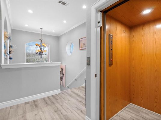 Chandelier, Elevator, Interior, Recessed Lighting, Wooden Ceilings, Wood Texture Flooring, Wooden Walls