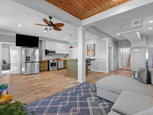 Interior, Kitchen, Living room, Recessed Lighting, Stainless Steel Appliances, Wooden Ceilings, Wood Texture Flooring