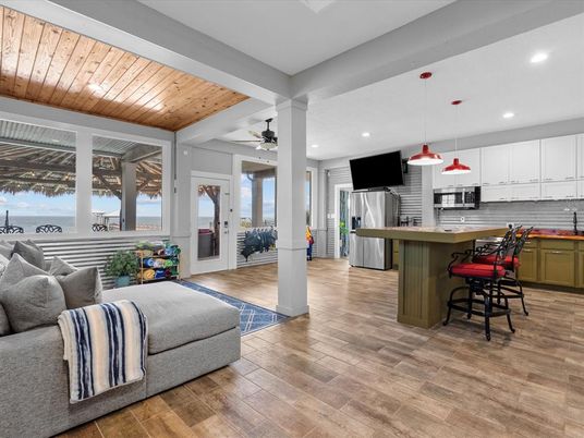 Interior, Kitchen, Pendant Lights, Recessed Lighting, Stainless Steel Appliances, Water, Wooden Ceilings, Wood Texture Flooring