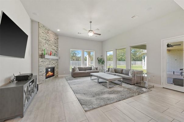 Fireplace, Interior, Living room, Recessed Lighting, Stone Walls