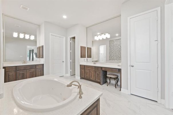 Bathroom, Dual Sink Vanities, Interior, Marble, Recessed Lighting