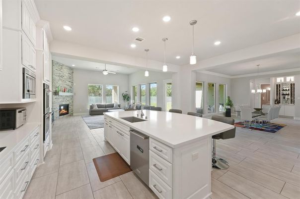Dining room, Fireplace, Interior, Kitchen, Living room, Pendant Lights, Recessed Lighting