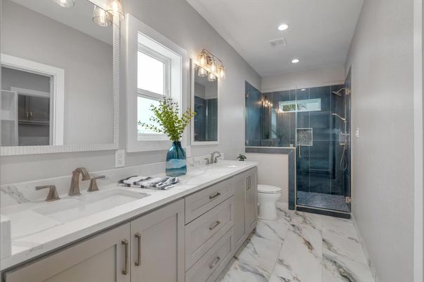 Bathroom, Dual Sink Vanities, Glass Shower, Interior, Marble, Recessed Lighting