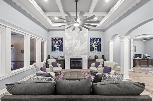 Fireplace, Interior, Living room, Marble Walls, Pendant Lights, Recessed Lighting