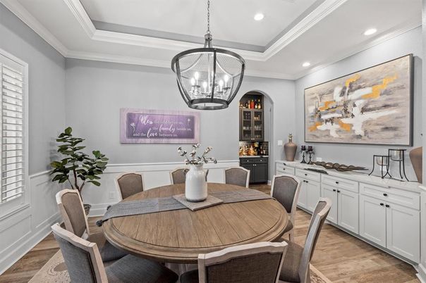 Dining room, Interior, Pendant Lights, Recessed Lighting, Wood Texture Flooring
